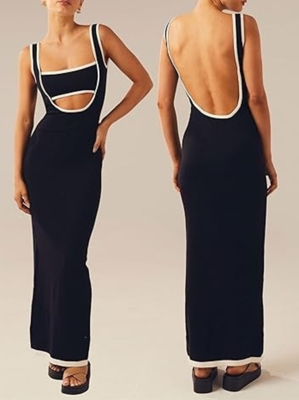 Black Contrast-Trim Backless Maxi Dress